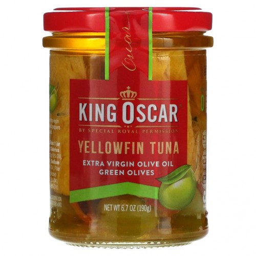 King Oscar, 황다랑어, 엑스트라 버진 올리브 오일, 그린 올리브, 190g(6.7oz)