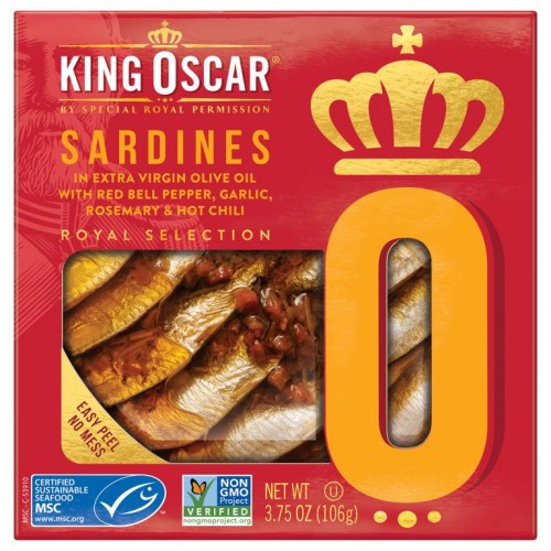 King Oscar, 엑스트라 버진 올리브 오일, 붉은 피망, 마늘, 로즈메리 및 고추에 절인 정어리, 106g(3.75oz)