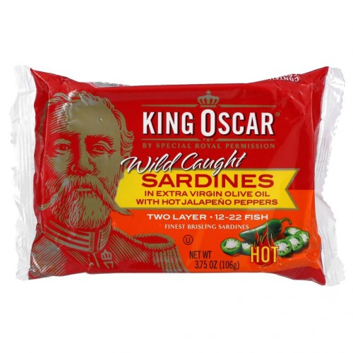 King Oscar, 자연산 정어리, 매운 할라피뇨 고추가 함유된 엑스트라 버진 올리브 오일에 담김, 2단, 106g(3.75oz)