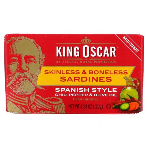 King Oscar, 스페인식 껍질 및 가시를 제거한 정어리, 고추 및 올리브 오일 함유, 120g(4.23oz)