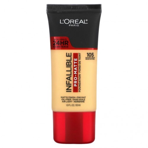 L'Oreal, 인팰러블 프로 매트 파운데이션, 105 내추럴 베이지, 30 ml(1 fl oz)