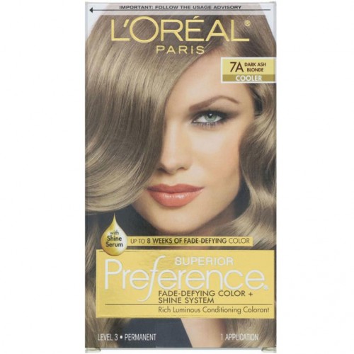 L'Oreal, 수페리어 프레퍼런스, 페이드 디파잉 컬러 + 샤인 시스템, 쿨러, 다크 애시 블론드 7A, 1회 사용분