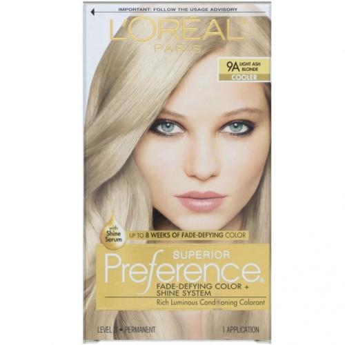L'Oreal, 수페리어 프레퍼런스, 페이드 디파잉 컬러 + 샤인 시스템, 쿨러. 라이트 애시 블론드 9A, 1회 사용분