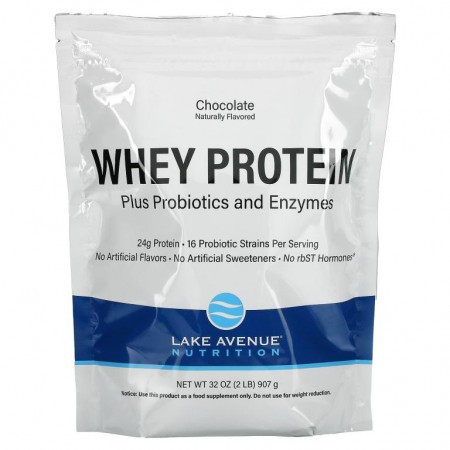 Lake Avenue Nutrition, 유청 단백질 + 프로바이오틱, 초콜릿 맛, 907g(2lbs) 파우치
