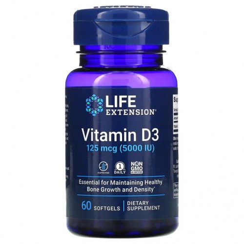 Life Extension, 비타민D3, 125mcg(5,000IU), 소프트젤 60정