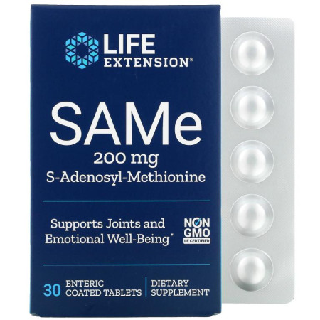 Life Extension, SAMe, S-아데노실-메티오닌, 200mg, 장용성 코팅 정제 30정