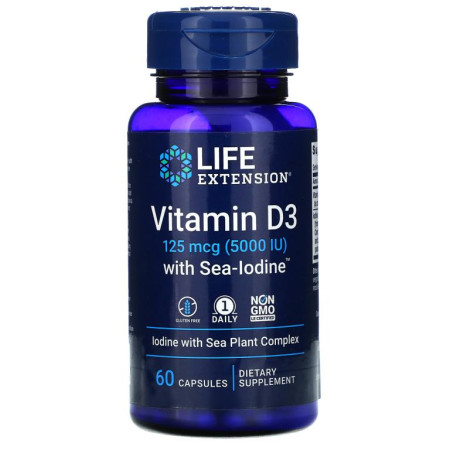 Life Extension, Sea-Iodine 함유 비타민D3, 125mcg(5,000IU), 캡슐 60정