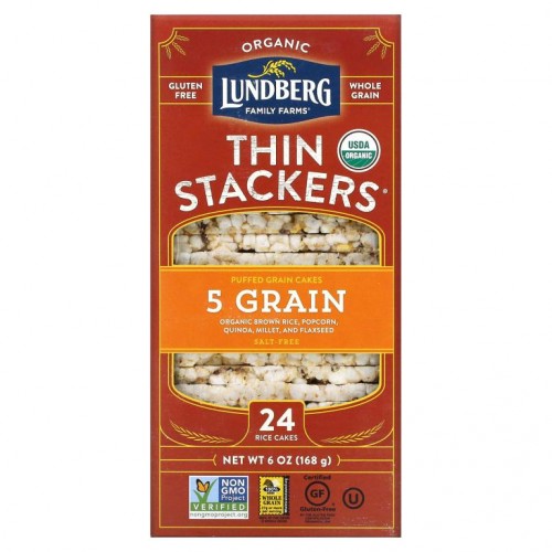 Lundberg, Organic Thin Stackers, Puffed Grain Cakes, 5 Grain, Salt-Free, 24 Rice Cakes, 6 oz (168 g)