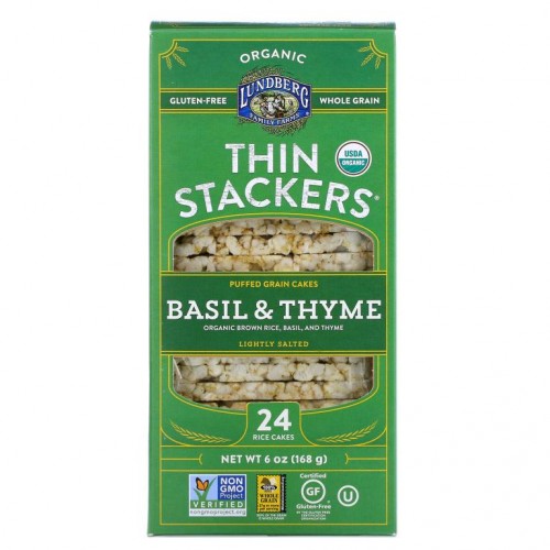 Lundberg, Organic Thin Stackers, Puffed Grain Cakes, Basil & Thyme, Lightly Salted, 24 Rice Cakes, 6 oz (168 g)