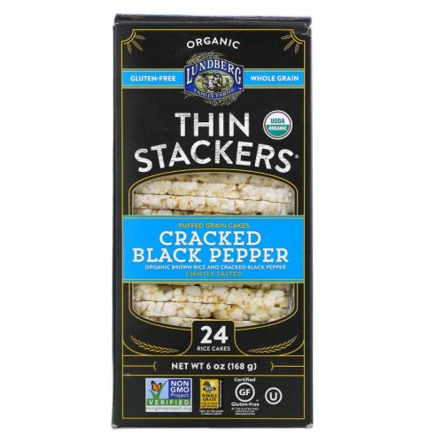 Lundberg, Organic Thin Stackers, Puffed Grain Cakes, Cracked Black Pepper, Lightly Salted, 24 Rice Cakes, 6 oz (168 g)