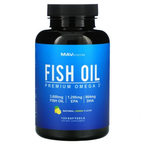 MAV Nutrition, 피쉬 오일, 프리미엄 오메가3, 천연 레몬 맛, 소프트젤 120정