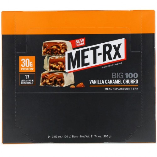 MET-Rx, 빅 100, 식사 대체용 바, 바닐라 카라멜 츄로, 9개입, 각 100g(3.52oz)