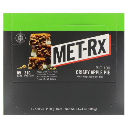 MET-Rx, 빅 100, 식사 대용 바, 크리스피 애플 파이, 9개, 각 3.52 oz (100 g)
