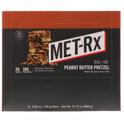MET-Rx, 빅 100, 식사 대용 바, 땅콩버터 프리첼, 9개, 각 3.52 oz (100 g)