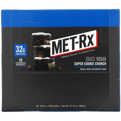 MET-Rx, Big 100, 식사 대체용 바, 수퍼 쿠키 크런치, 9개입, 개당 100 g(3.52 oz)