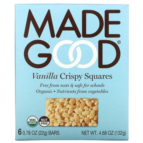 MadeGood, 유기농, 바삭한 스쿼어, 바닐라, 6 바, 각각 0.78 oz (22 g)