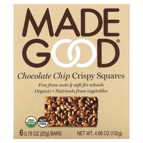 MadeGood, 바삭한 스쿼어, 초콜릿 칩, 6 바, 각각 0.78 oz (22 g)
