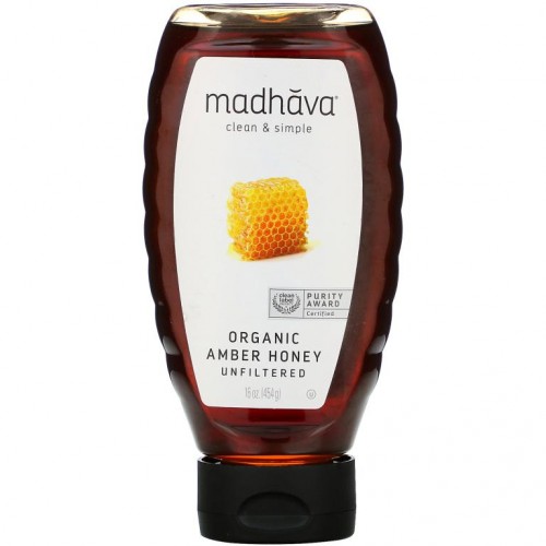 Madhava Natural Sweeteners, 유기농 앰버 꿀, 비여과 원액, 454g(16oz)