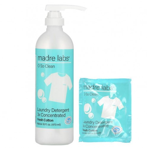 Madre Labs, 세탁 세제, 3배 농축, 프레시 코튼향, 파우치 1개 + 재사용 가능 용기, 118ml(4fl oz)