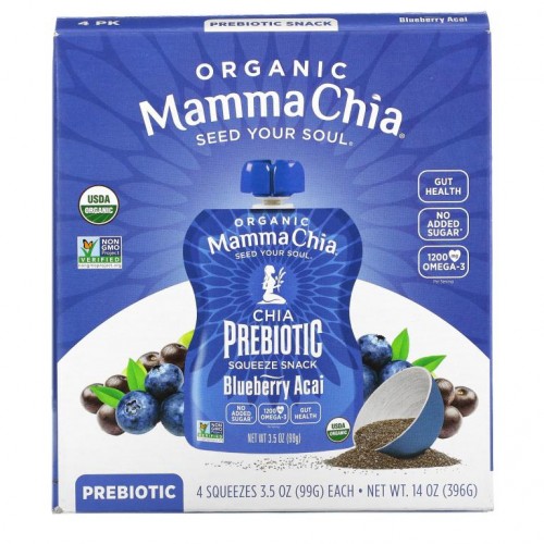 Mamma Chia, 유기농 치아 프리바이오틱 스퀴즈, 블루베리 아사이 맛, 4팩, 개당 99g(3.5oz)