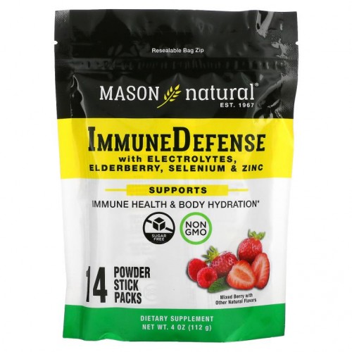Mason Natural, 면역 방어, 전해질, 엘더베리, 셀레늄, 아연 함유, 혼합 베리 맛, 분말 스틱 14팩, 112g(4oz)