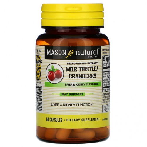Mason Natural, 밀크시슬/크랜베리, 표준화 추출물, 간 & 신장 클렌저, 캡슐 60정