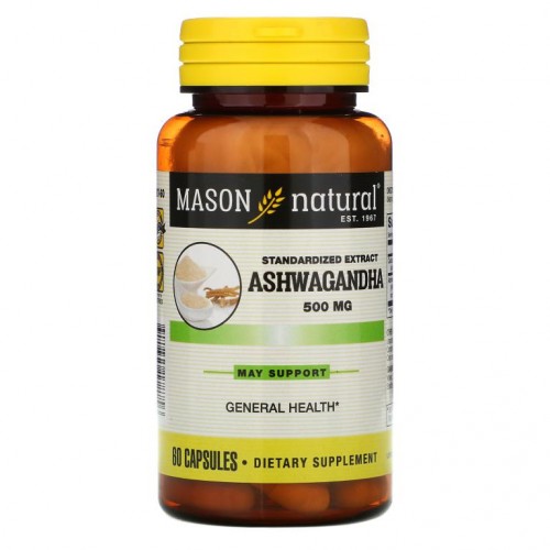 Mason Natural, 아슈와간다, 표준화 추출물, 500mg, 캡슐 60개