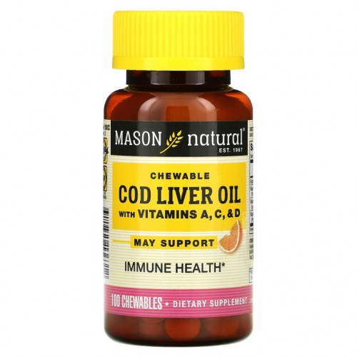 Mason Natural, 비타민A, C, D가 함유된 츄어블 대구 간유, 오렌지, 츄어블 100정