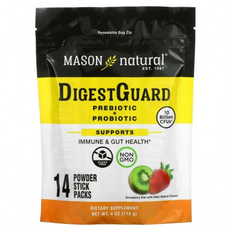 Mason Natural, DigestGuard, 프리바이오틱 + 프로바이오틱, 스트로베리 키위, 분말 스틱 14개