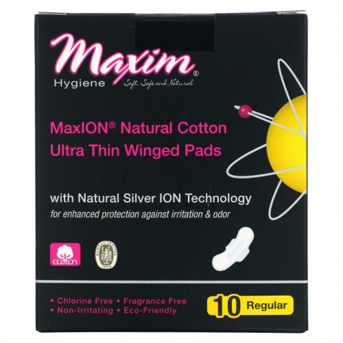 Maxim Hygiene Products, 울트라 씬 날개형 패드, 내추럴 실버 ION 기술, 레귤러, 10개입