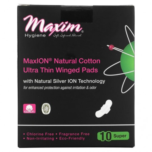 Maxim Hygiene Products, MaxION 천연 순면, 울트라 씬 날개형 패드, 슈퍼, 패드 10개
