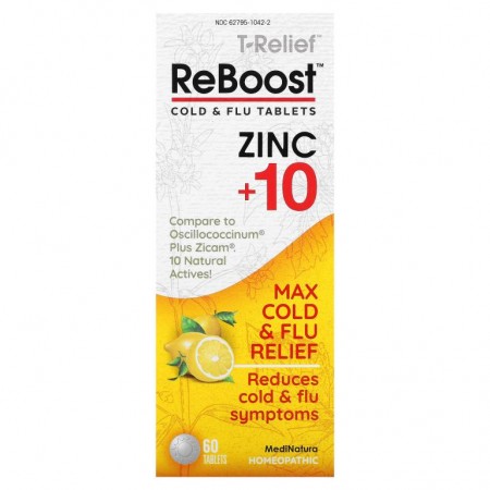 MediNatura, T-Relief, ReBoost, 아연 +10, 감기 & 독감 정제, 60정