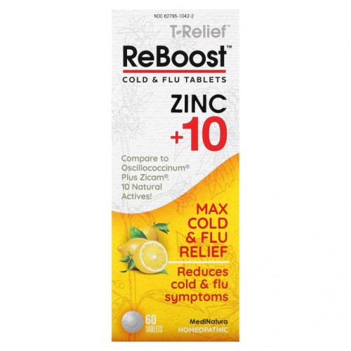 MediNatura, T-Relief, ReBoost, 아연 +10, 감기 & 독감 정제, 60정