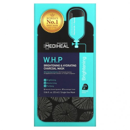 Mediheal, W.H.P, 브라이트닝 & 하이드레이팅 숯 뷰티 마스크, 5매, 매당 25ml(0.84fl oz)