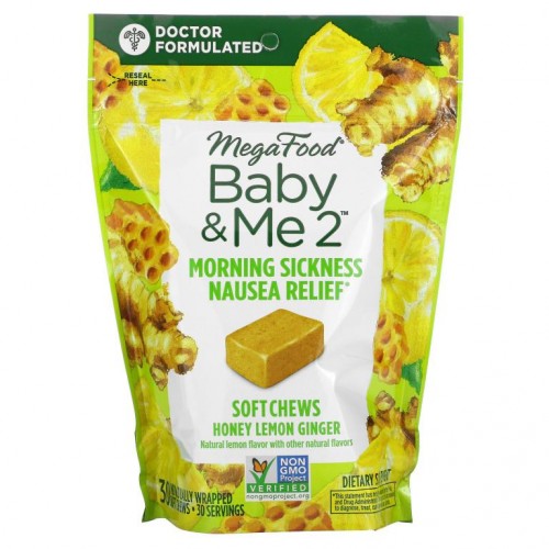 MegaFood, Baby & Me 2, 입덧 메스꺼움 완화, 허니 레몬 진저 맛, 개별포장 소프트 츄 30개