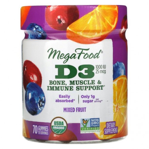MegaFood, D3, 혼합 과일, 1,000IU(25mcg), 구미젤리 70개