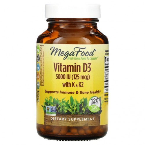 MegaFood, 비타민D3, 비타민K, 비타민K2, 125mcg(5,000IU), 캡슐 120정