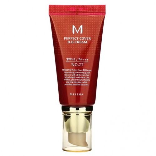 Missha, 퍼펙트 커버 B.B. 크림, SPF 42 PA+++, No. 27 허니 베이지, 50ml