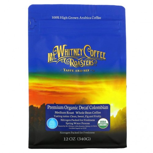 Mt. Whitney Coffee Roasters, 프리미엄 유기농 디카페인 콜롬비아산, 커피 원두, 미디엄 로스트, 340g(12oz)