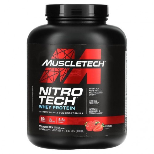MuscleTech, 퍼포먼스 시리즈, Nitro Tech, 분리 유청 펩타이드 & 주요 공급원, 딸기, 1.81kg(4lbs)