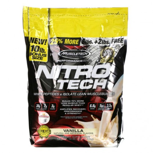MuscleTech, 퍼포먼스 시리즈, Nitro Tech, 유청 펩타이드 및 분리유청 순근육 증강제, 바닐라 맛, 4.54kg(10lb)