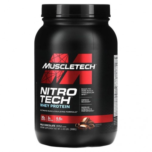 MuscleTech, 퍼포먼스 시리즈, Nitro Tech, 분리 유청 펩타이드 주요 공급원, 밀크 초콜릿, 998g(2.20lbs)