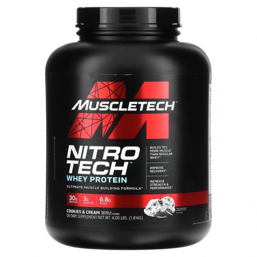 MuscleTech, 니트로 테크, 유청 단백질 + 순수 근육 형성제, 쿠키 앤 크림, 3.97 lbs (1.8 kg)