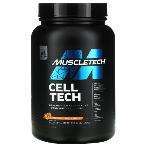 MuscleTech, Cell Tech, 연구로 입증된 크레아틴 및 탄수화물 함유 근육 증강제, 트로피컬 시트러스 펀치, 1.36kg(3lb)
