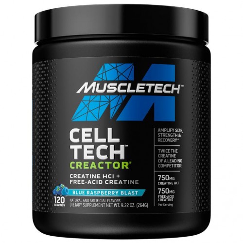 MuscleTech, Cell Tech CREACTOR, 크레아틴 HCI 및 유리산 크레아틴 함유, 블루 라즈베리 블라스트 맛, 264g(9.32oz)