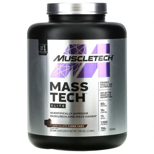 MuscleTech, Mass-Tech Elite, 과학적으로 더 우수한 근육 생성 매스 게이너, 초콜릿 퍼지 케이크, 3.18kg(7.00lbs)