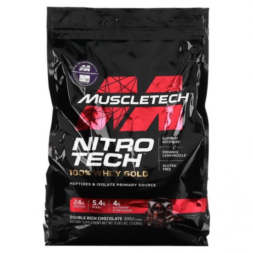 MuscleTech, Nitro Tech, 100% 유청 골드, 유청 단백질 파우더, 더블 리치 초콜릿, 3.63kg(8lbs)