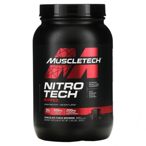 MuscleTech, Nitro Tech Ripped, 얼티미트 단백질 + 체중 감량 포뮬러, 쵸콜릿 퍼지 브라우니, 907g(2lbs)