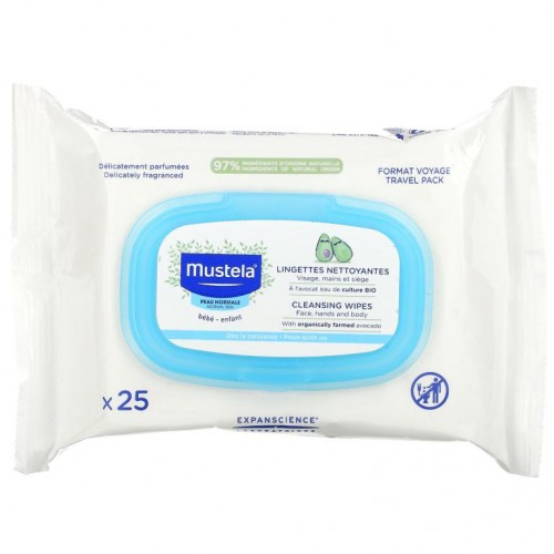 Mustela, 아기용, 얼굴/손/바디용 클렌징 물티슈, 아보카도 함유, 일반 피부, 25매입