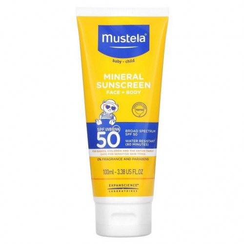 Mustela, 유아용, 미네랄 자외선 차단제, 얼굴 + 전신, SPF 50, 100ml(3.38fl oz)